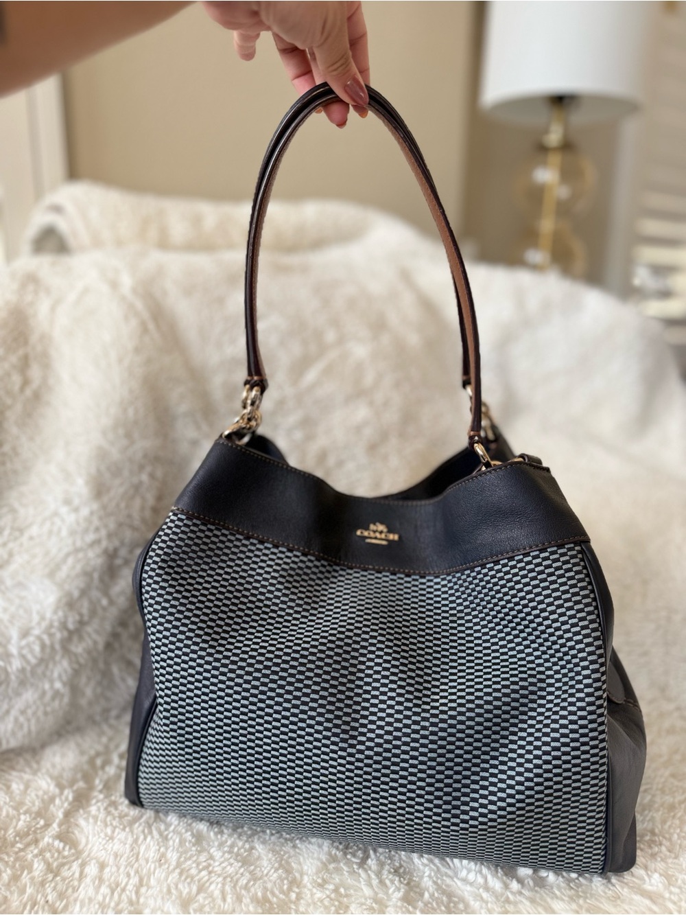 Coach Blue and Brown Woven-Pattern Shoulder Bag